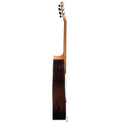 The side of a 2017 David Rouse classical guitar made of cedar and CSA rosewood