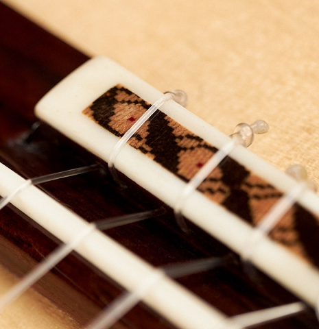 The tie-block, bridge and saddle of a 2023 German Vazquez Rubio "Solista" classical guitar made of spruce and Indian rosewood