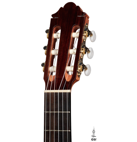 The headstock of a 2023 German Vazquez Rubio &quot;Classic Estudio&quot; classical guitar made of cedar and palo escrito