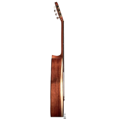The side of a 2023 German Vazquez Rubio &quot;Classic Estudio&quot; classical guitar made of cedar and palo escrito