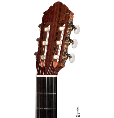 The headstock of a 2023 German Vazquez Rubio &quot;Classic Estudio&quot; classical guitar made of cedar and palo escrito