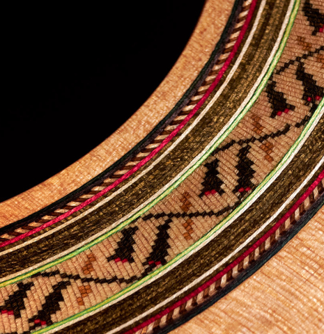 Close-up of the rosette of a 2023 German Vazquez Rubio &quot;Classic Estudio&quot; classical guitar made of cedar and palo escrito
