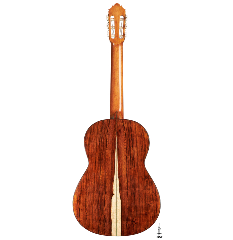 The back of a 2024 German Vazquez Rubio "Classic Estudio" classical guitar made of cedar and palo escrito