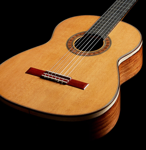 The soundboard of a 2025 German Vazquez Rubio "Classic Estudio" classical guitar made of cedar and palo escrito
