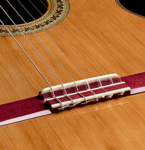 The padauk bridge and soundboard of a 2025 German Vazquez Rubio "Classic Estudio" classical guitar made of cedar and palo escrito