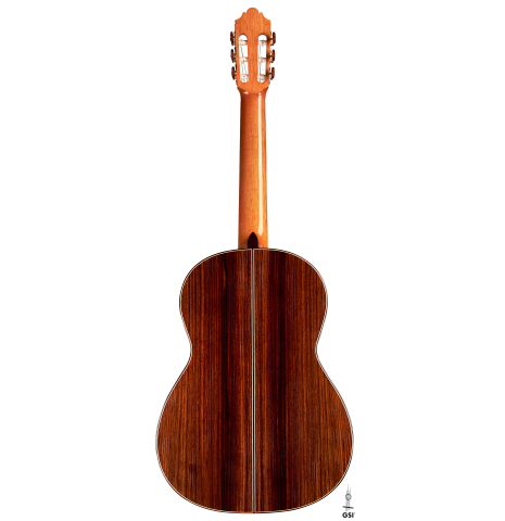 The back of a 2022 German Vazquez Rubio "Solista" classical guitar made with cedar and Indian rosewood The back of a 2022 German Vazquez Rubio "Solista" classical guitar made with cedar and Indian rosewood
