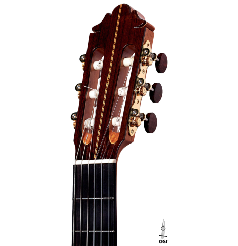 The headstock of a 2022 German Vazquez Rubio "Solista" classical guitar made with cedar and Indian rosewood The headstock of a 2022 German Vazquez Rubio "Solista" classical guitar made with cedar and Indian rosewood