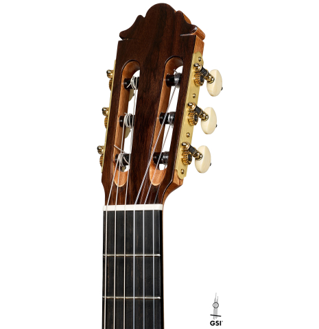 The headstock of a 2026 German Vazquez Rubio "Solista" classical guitar made of cedar and Indian rosewood