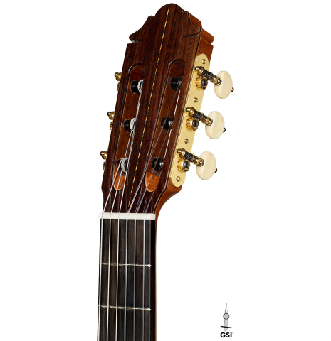 The headstock of a 2026 German Vazquez Rubio "Solista" classical guitar made of cedar and Indian rosewood