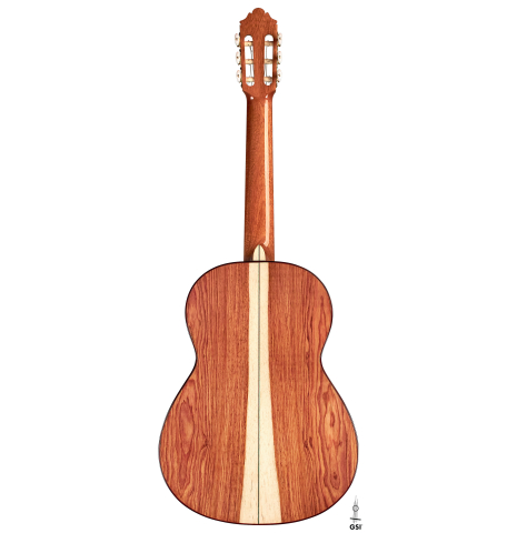The back of a 2022 German Vazquez Rubio "Classic Estudio" classical guitar made of spruce and Palo Escrito.