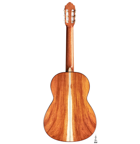 The back of a 2022 German Vazquez Rubio "Classic Estudio" classical guitar made of spruce and Palo Escrito.