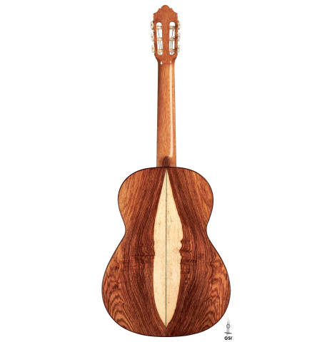 The back of a 2023 German Vazquez Rubio "Classic Estudio" classical guitar made of spruce and Palo Escrito.