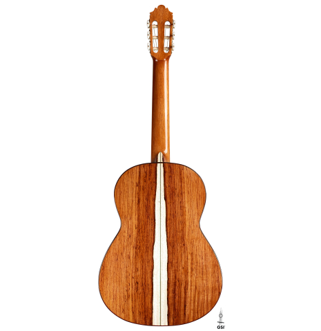 The back of a 2024 German Vazquez Rubio "Classic Estudio" classical guitar made of spruce and Palo Escrito.