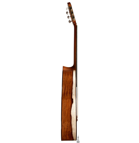 The side of a 2024 German Vazquez Rubio "Classic Estudio" classical guitar made of spruce and Palo Escrito.