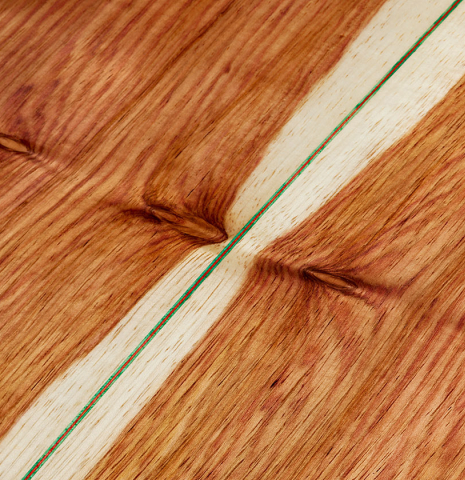 The back center seam of a 2025 German Vazquez Rubio "Classic Estudio 48" classical guitar made of spruce and palo escrito
