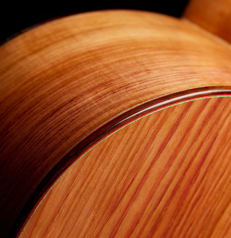The back and side of a 2025 German Vazquez Rubio "Classic Estudio 48" classical guitar made of spruce and palo escrito