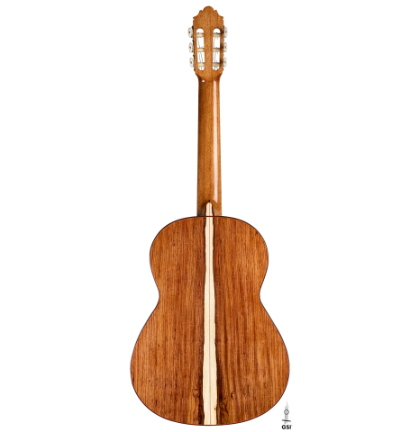 The back of a 2025 German Vazquez Rubio "Classic Estudio" classical guitar made of spruce and Palo Escrito.