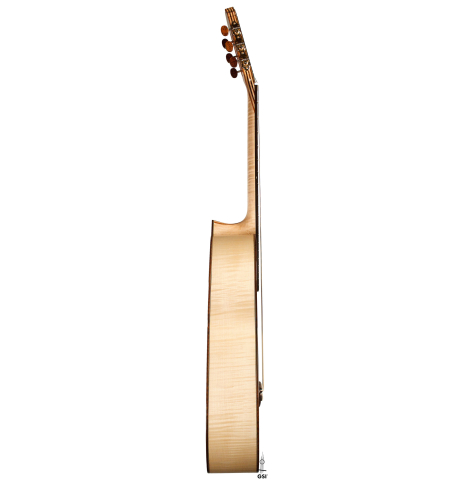 The side of a 2021 German Vazquez Rubio "Concert 635" classical guitar made with spruce and maple