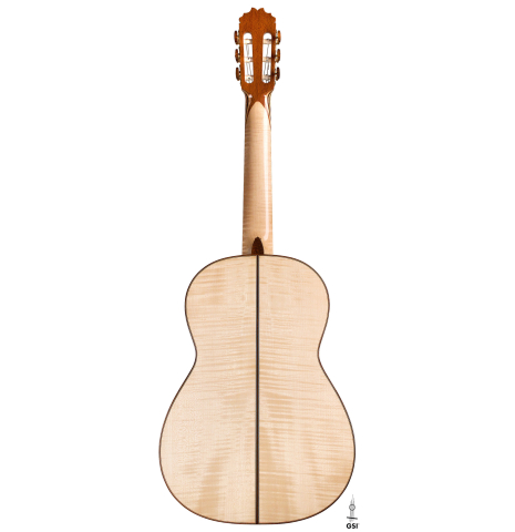 The back of a 2021 German Vazquez Rubio &quot;Concert 635&quot; classical guitar made with spruce and maple