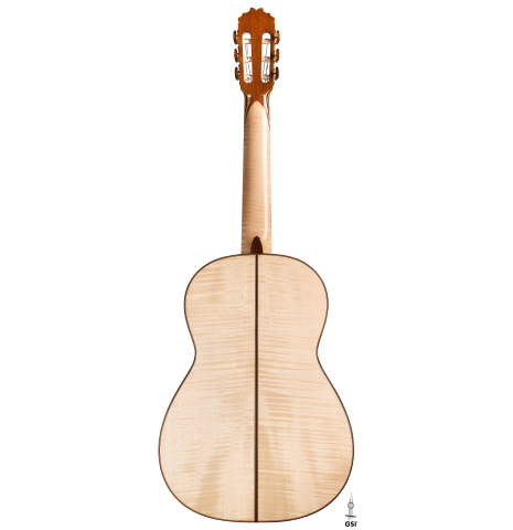The back of a 2021 German Vazquez Rubio "Concert 635" classical guitar made with spruce and maple