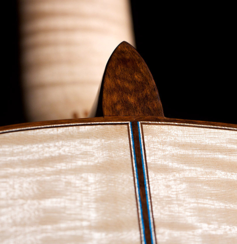 The back and heel of a 2021 German Vazquez Rubio "Concert 635" classical guitar made with spruce and maple