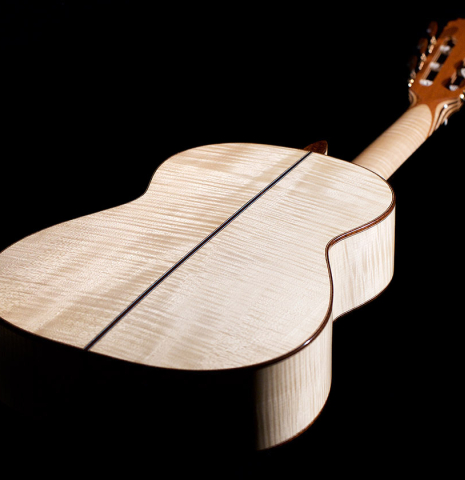 The back of a 2021 German Vazquez Rubio "Concert 635" classical guitar made with spruce and maple