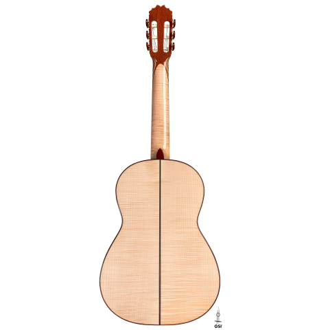 This is the maple back of a 2022 German Vazquez Rubio classical guitar model &quot;Concert 635&quot; made with a spruce soundboard.
