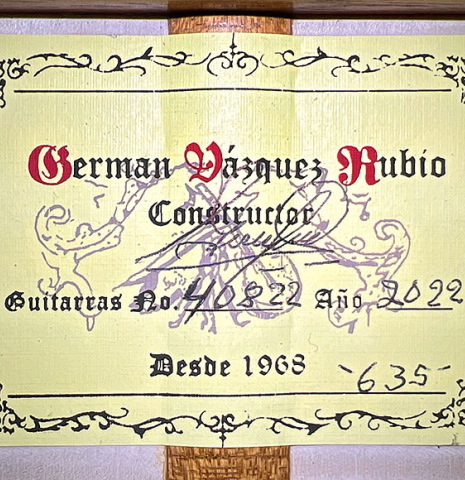 This is the label of a 2022 German Vazquez Rubio &quot;Concert 635&quot; classical guitar