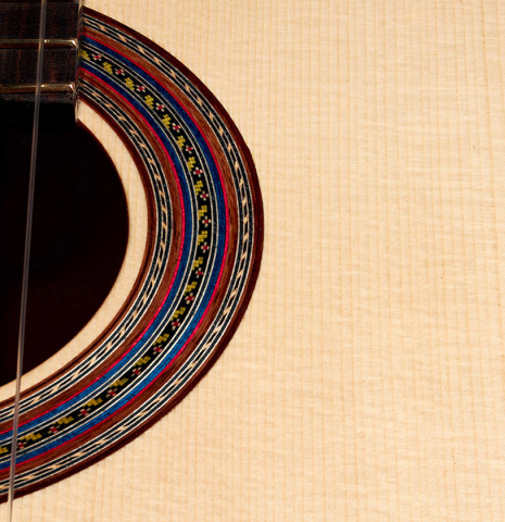 This is the rosette and soundboard of a 2022 German Vazquez Rubio "Concert 635" classical guitar