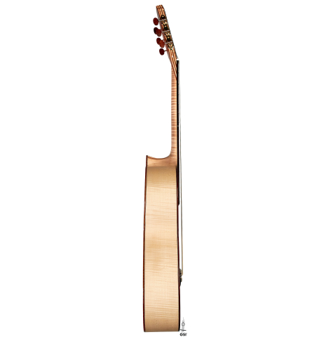 This is the side of a 2022 German Vazquez Rubio "Concert 635" classical guitar on a white background.