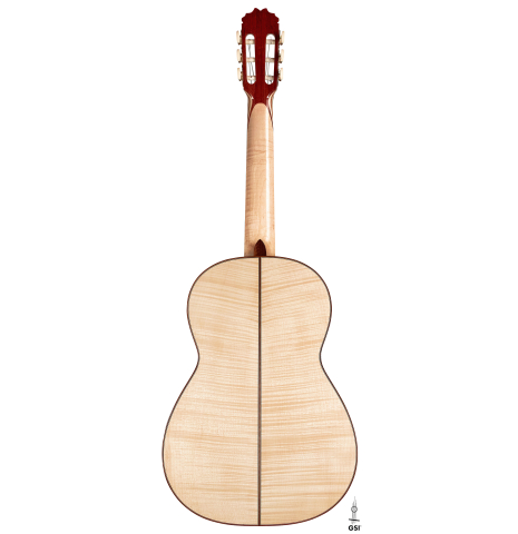 This is the maple back of a 2023 German Vazquez Rubio "Concert 635" classical guitar on a white background.