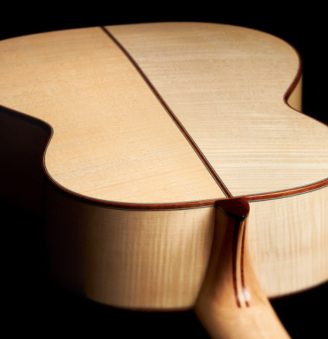This is the maple back and sides of a 2023 German Vazquez Rubio "Concert 635" classical guitar made with spruce top and maple back and sides