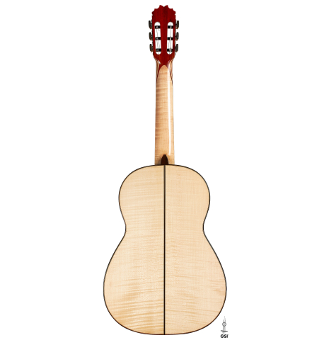 This is the maple back of a 2023 German Vazquez Rubio "Concert 635" classical guitar on a white background.