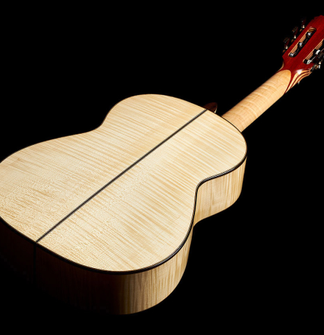 This is the back and sides of a 2023 German Vazquez Rubio "Concert 635" classical guitar made with spruce top and maple back and sides