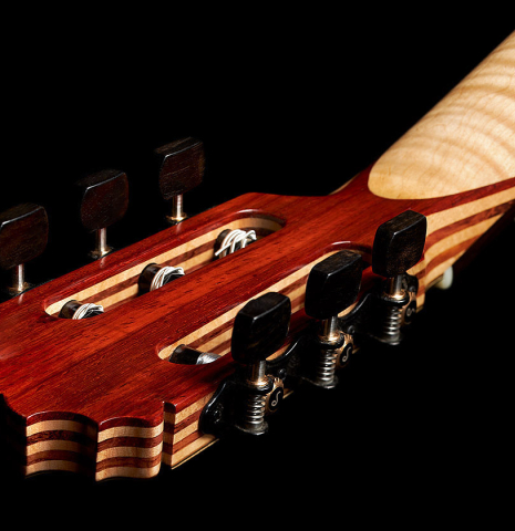 This is back of the headstock and tuning machines of a 2023 German Vazquez Rubio "Concert 635" classical guitar made with spruce top and maple back and sides