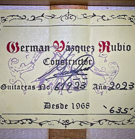 This is the label of a 2023 German Vazquez Rubio "Concert 635" classical guitar made with spruce top and maple back and sides