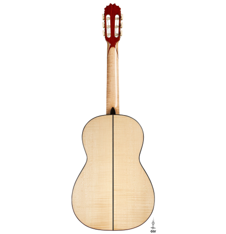 The back of a 2025 German Vazquez Rubio "Concert 635" classical guitar made of spruce and maple