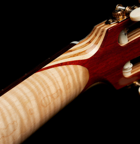 The neck and back of headstock with inlays of a 2025 German Vazquez Rubio "Concert 635" classical guitar made of spruce and maple