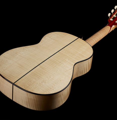 The back and sides of a 2025 German Vazquez Rubio "Concert 635" classical guitar made of spruce and maple