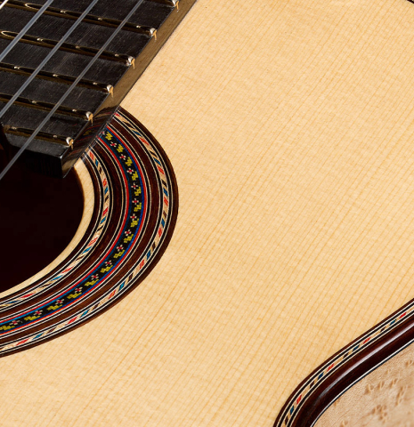 The soundboard and rosette of a 2026 German Vazquez Rubio "Concert 635" classical guitar made of spruce and maple