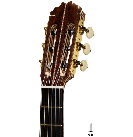 The headstock of a 2026 German Vazquez Rubio "Concert 635" classical guitar made of spruce and maple