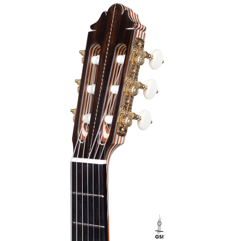 The headstock of a 2018 German Vazquez Rubio "Concert 635" classical guitar made with spruce and CSA rosewood.
