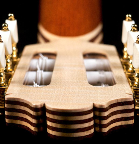 The headstock of a 2018 German Vazquez Rubio "Concert 635" classical guitar made with spruce and CSA rosewood.