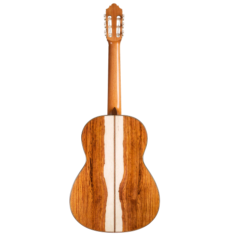 The back of a 2021 German Vazquez Rubio "Divina" classical guitar made with cedar and palo escrito