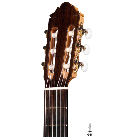 The headstock of a 2021 German Vazquez Rubio "Divina" classical guitar made with cedar and palo escrito
