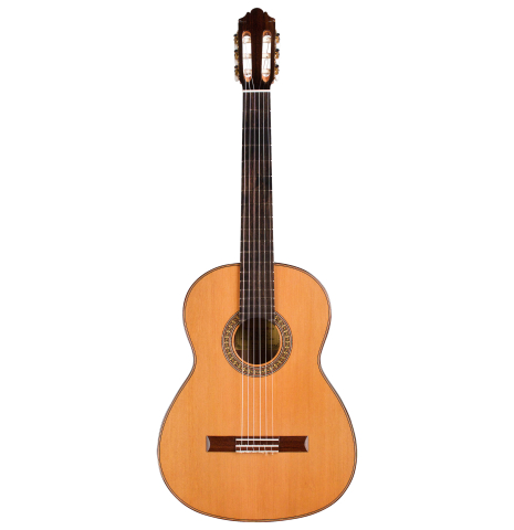 The front of a 2021 German Vazquez Rubio "Divina" classical guitar made with cedar and palo escrito