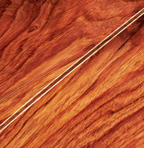 The back center seam of a 2024 German Vazquez Rubio "Divina" classical guitar made of cedar and palo escrito