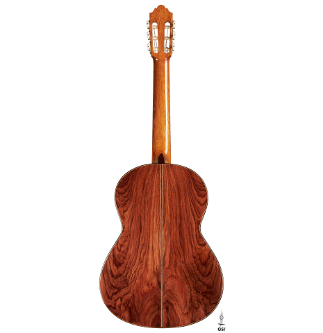 The back of a 2024 German Vazquez Rubio "Divina" classical guitar made of cedar and palo escrito