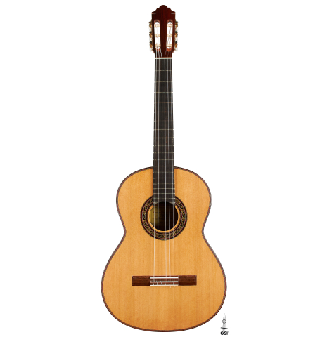 The front of a 2024 German Vazquez Rubio "Divina" classical guitar made of cedar and palo escrito
