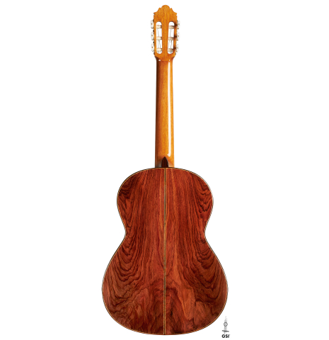 The back of a 2024 German Vazquez Rubio "Divina" classical guitar made of cedar and palo escrito